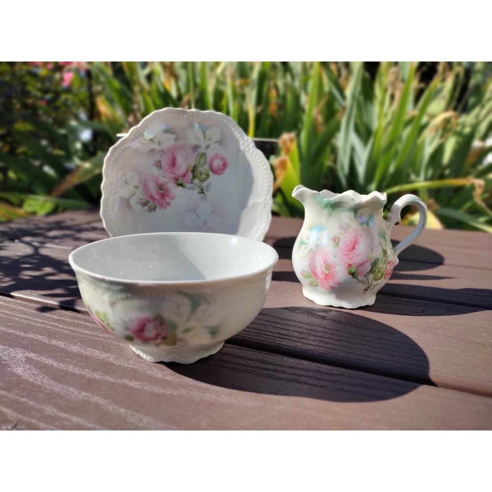 3 piece Vintage Victorian Leuchtenburg Germany handpainted floral porcelain pitc